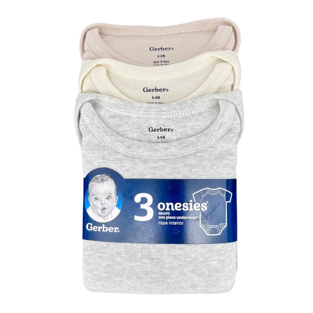 Gerber Onesies Bodysuits Unisex 6-9M Grey Cream Taupe Short Sleeve Cotton 3-Pack